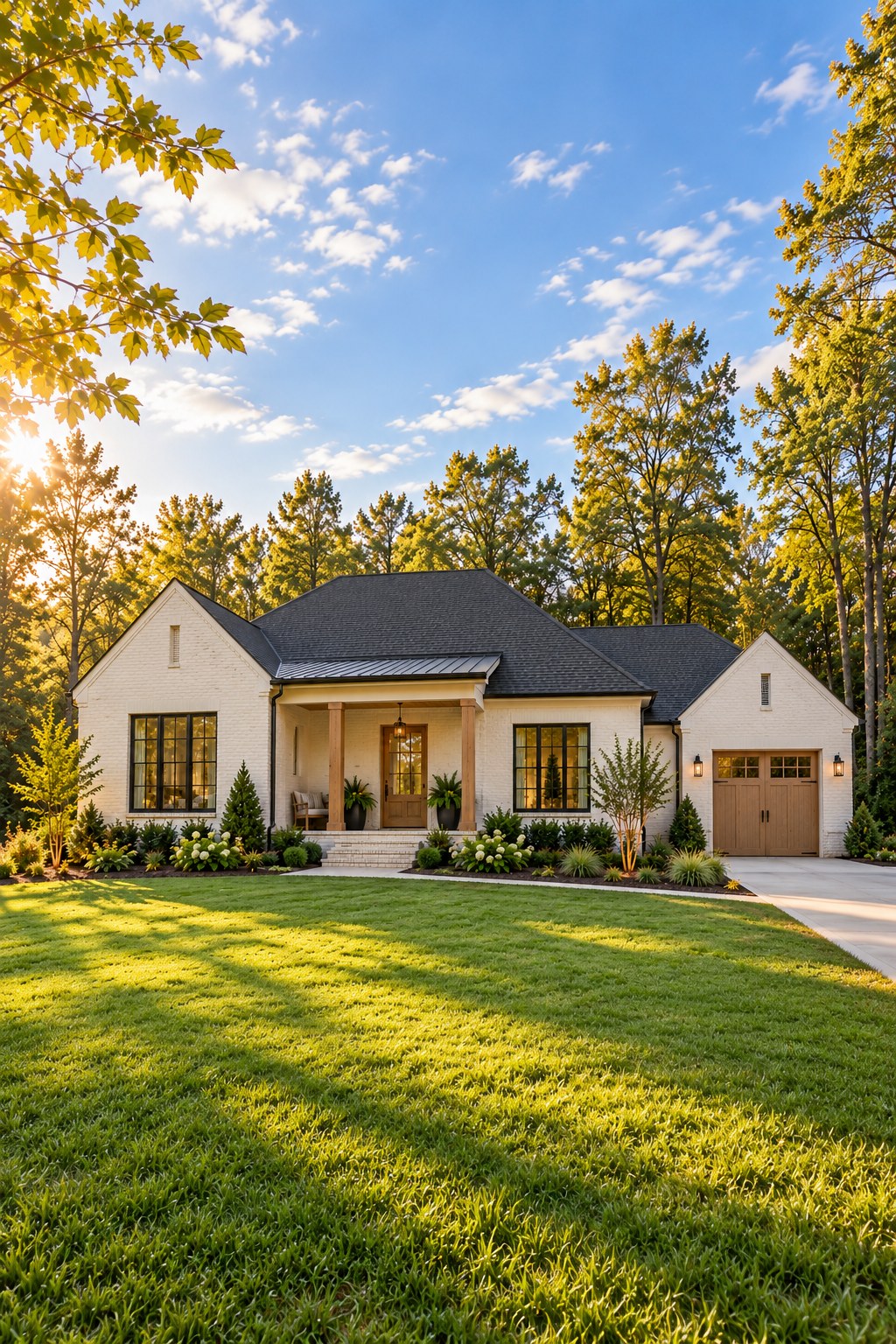 Full front view of a white brick home with a covered porch and garage